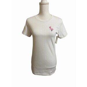 NWT Dalix Women's M White 100% Cotton T-Shirt w/ Flamingo Embroidery Tee NEW